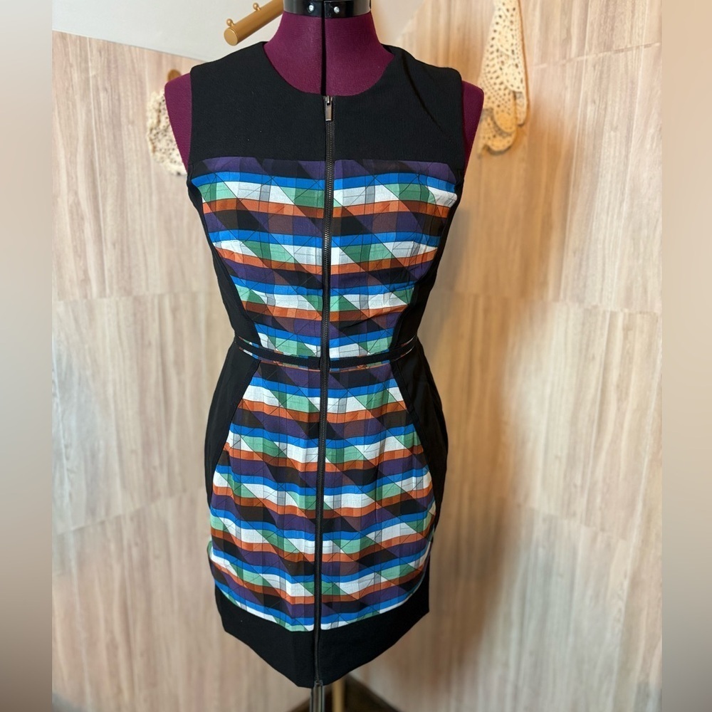 RACHEL Rachel Roy Black and Multicolor Geometric Design Mini Dress Retro Look